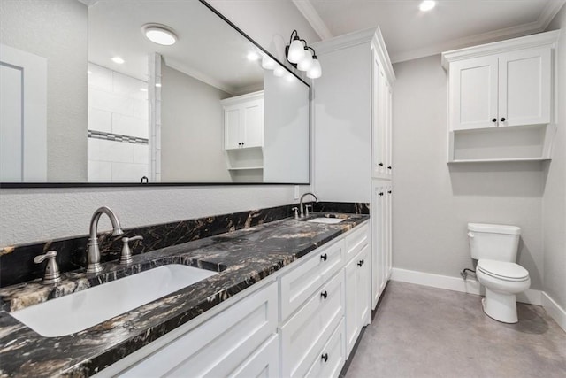 bathroom featuring toilet, vanity, concrete flooring, and ornamental molding