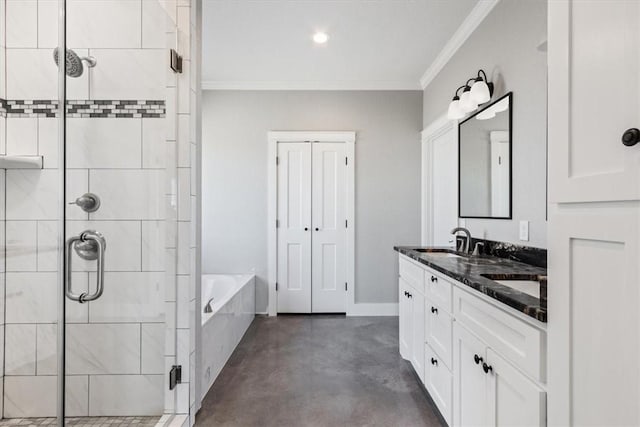 bathroom with vanity, separate shower and tub, crown molding, and concrete floors