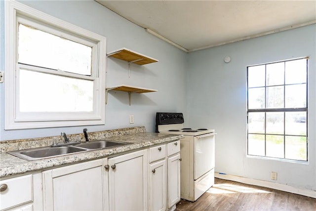 kitchen with white electric range, light hardwood / wood-style flooring, a wealth of natural light, and sink