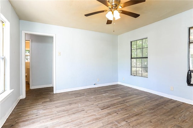 spare room featuring wood-type flooring and ceiling fan