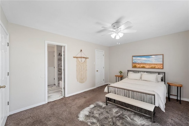 carpeted bedroom with connected bathroom and ceiling fan