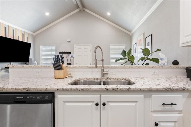 kitchen with vaulted ceiling with beams, light stone counters, a sink, white cabinetry, and stainless steel dishwasher