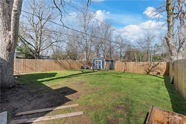 view of yard featuring an outbuilding, a fenced backyard, and a storage unit