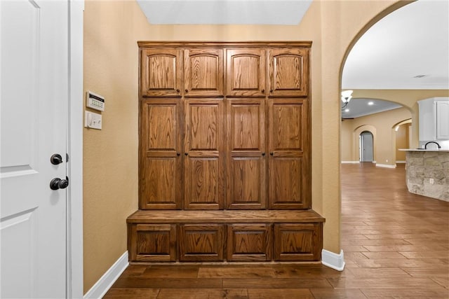 mudroom with dark hardwood / wood-style flooring