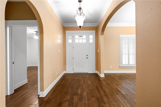 entryway featuring a healthy amount of sunlight, crown molding, and dark wood-type flooring