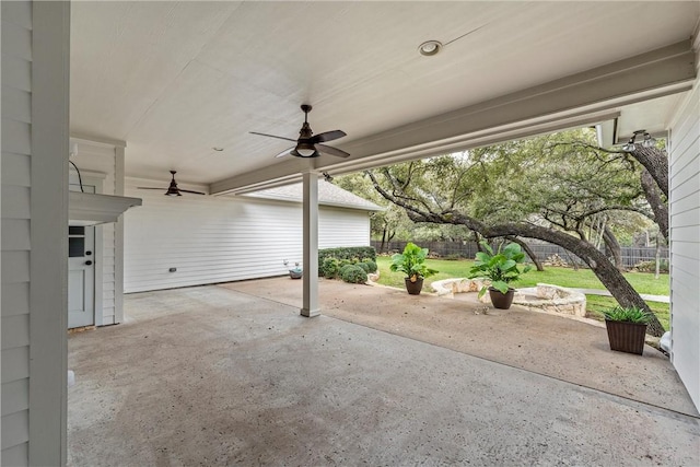 view of patio featuring ceiling fan