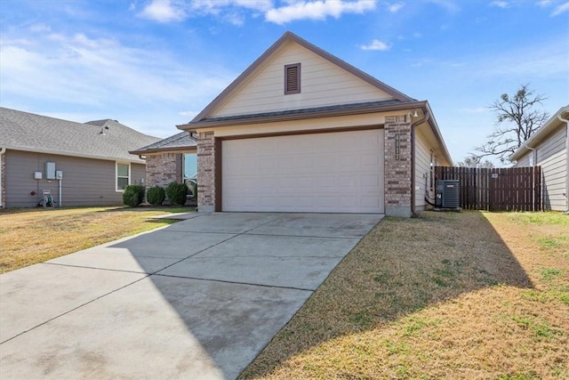 view of front facade with an attached garage, central air condition unit, brick siding, driveway, and a front yard