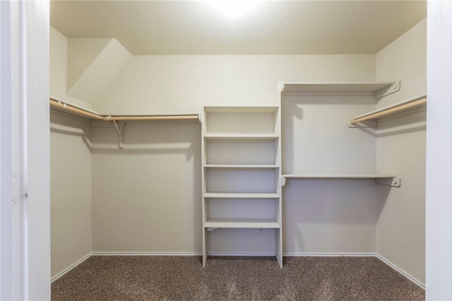 walk in closet featuring dark colored carpet