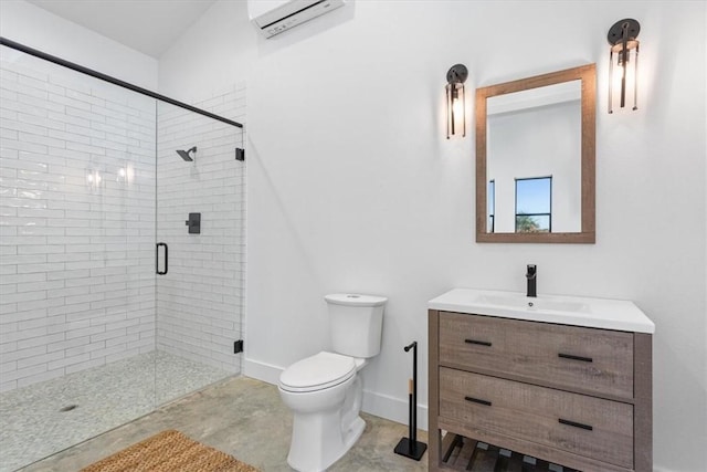 bathroom featuring vanity, toilet, and a shower with shower door