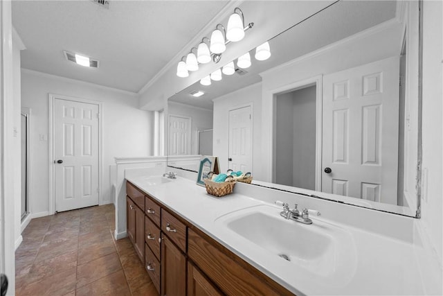 bathroom featuring crown molding, vanity, and an enclosed shower