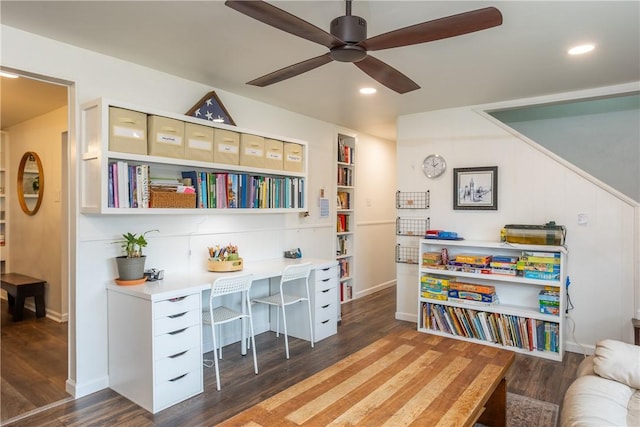 home office with ceiling fan, baseboards, wood finished floors, and recessed lighting