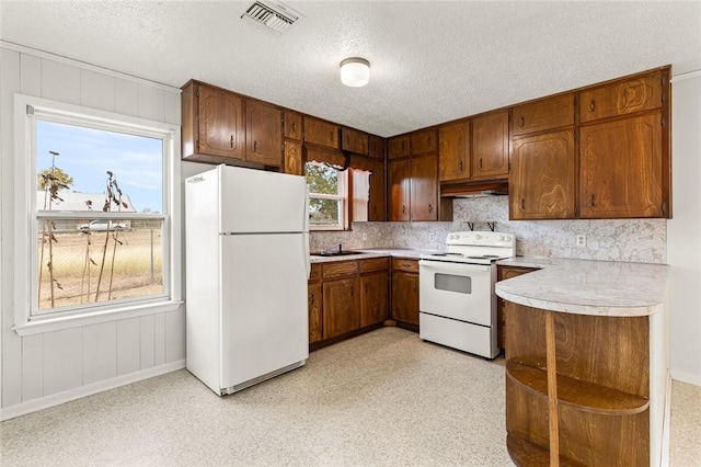 kitchen with a healthy amount of sunlight, sink, white appliances, and a textured ceiling