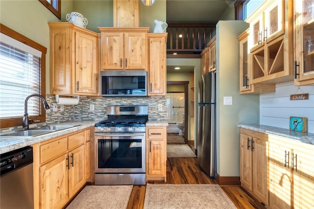 kitchen featuring sink, light brown cabinets, dark wood-type flooring, stainless steel appliances, and decorative backsplash