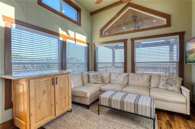 living room with hardwood / wood-style flooring, ceiling fan, and ornamental molding