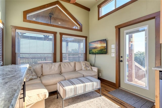 living room with hardwood / wood-style floors, plenty of natural light, and high vaulted ceiling