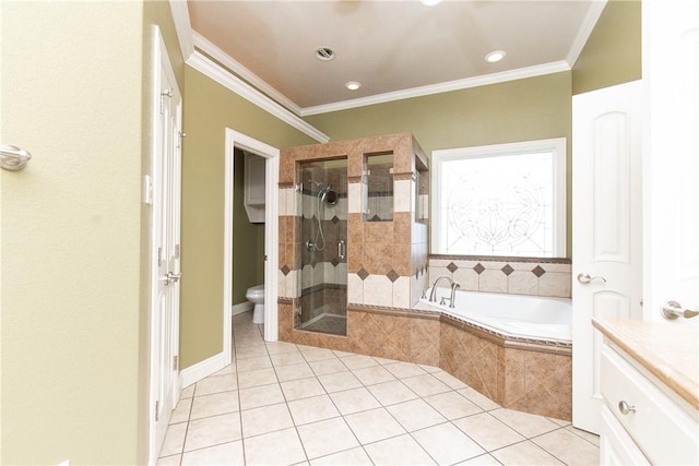 full bathroom featuring tile patterned floors, vanity, crown molding, and plus walk in shower