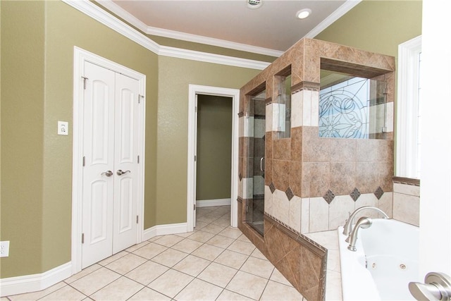 bathroom with tile patterned floors, crown molding, and shower with separate bathtub