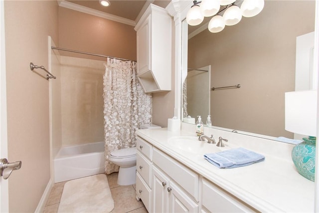 full bathroom with tile patterned floors, toilet, shower / bath combo with shower curtain, and crown molding