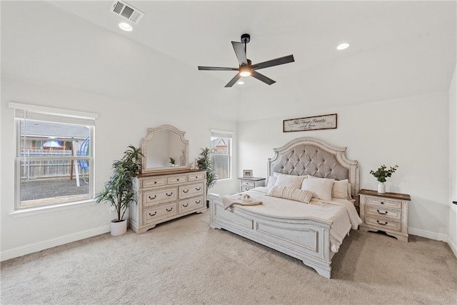 bedroom with recessed lighting, carpet flooring, visible vents, and baseboards