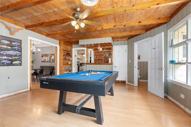 recreation room featuring light wood finished floors, wood ceiling, ceiling fan, pool table, and beam ceiling