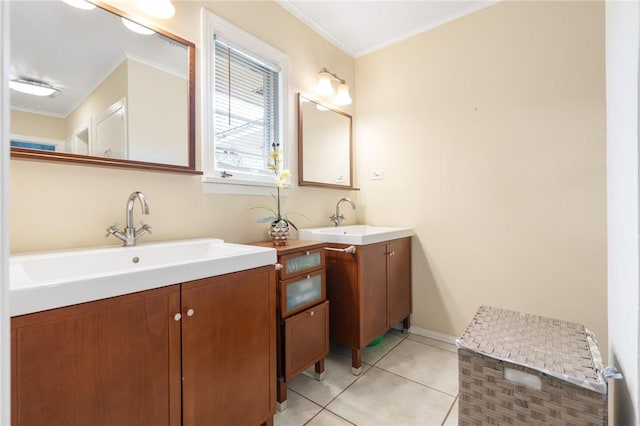 full bathroom featuring tile patterned flooring, ornamental molding, and vanity