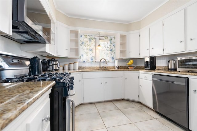 kitchen with stainless steel appliances, white cabinets, a sink, and open shelves