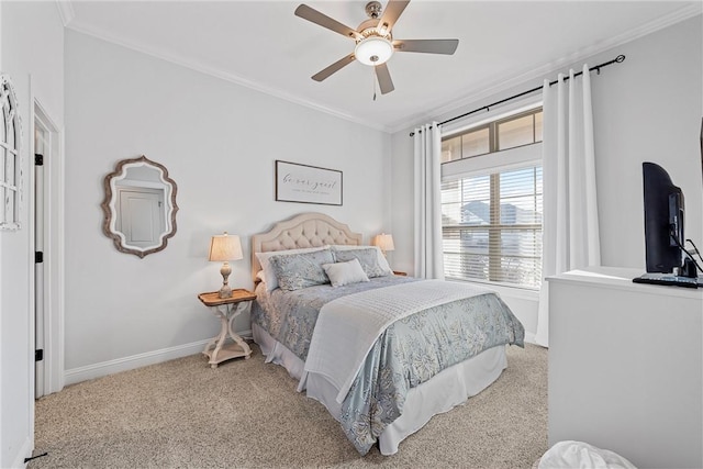 bedroom featuring baseboards, carpet, and ornamental molding