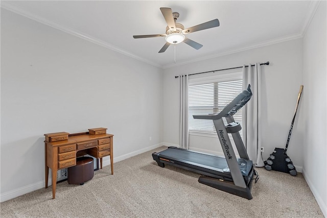 workout room with carpet, baseboards, and ornamental molding