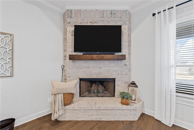 details featuring wood finished floors, a brick fireplace, and ornamental molding