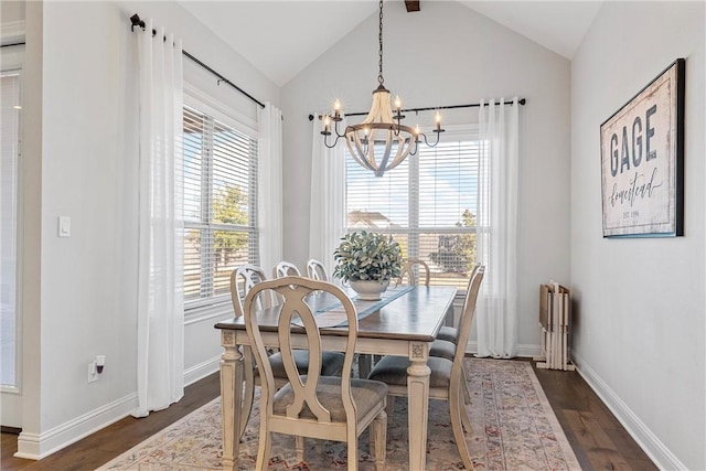 dining area with dark wood-type flooring, lofted ceiling, radiator heating unit, an inviting chandelier, and baseboards