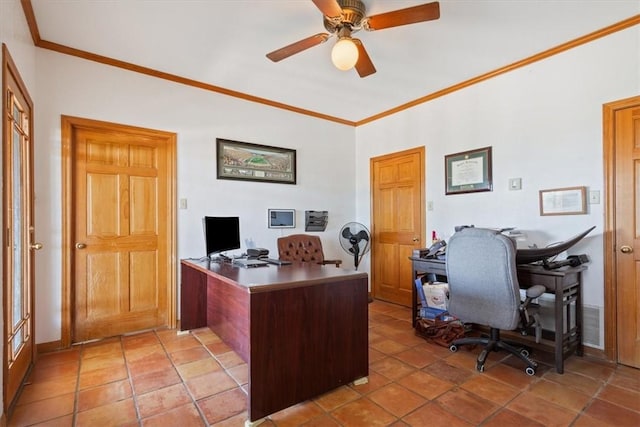 tiled office space featuring ceiling fan and ornamental molding