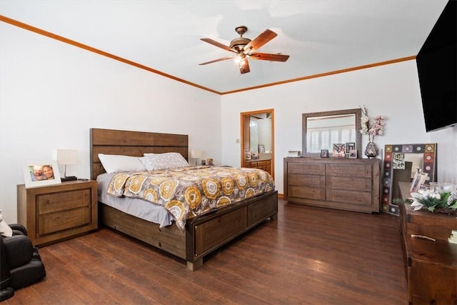 bedroom featuring ceiling fan, crown molding, and dark wood-type flooring