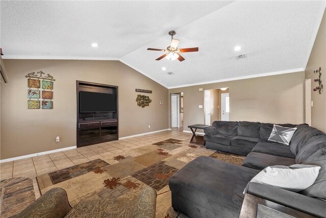 tiled living room featuring visible vents, ceiling fan, baseboards, lofted ceiling, and ornamental molding