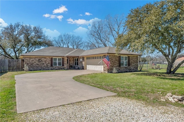 ranch-style home featuring brick siding, gravel driveway, fence, a front yard, and a garage