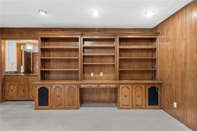 unfurnished office with light colored carpet and wood walls