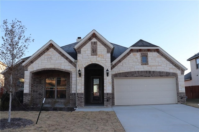 french country inspired facade with a garage