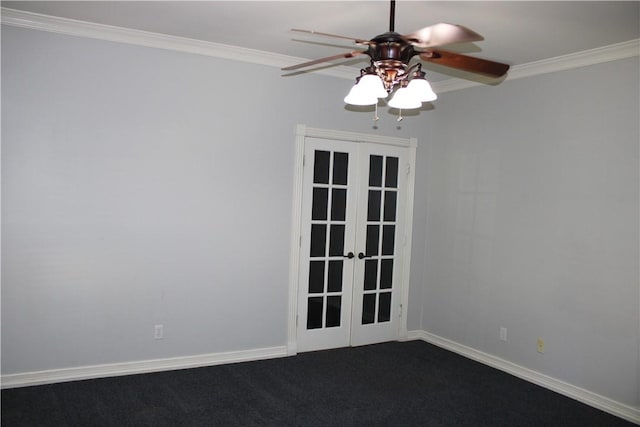 carpeted spare room featuring ceiling fan, ornamental molding, and french doors