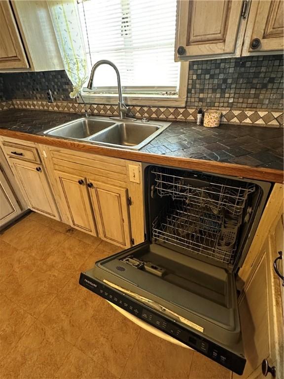 kitchen featuring decorative backsplash, a sink, and dishwashing machine