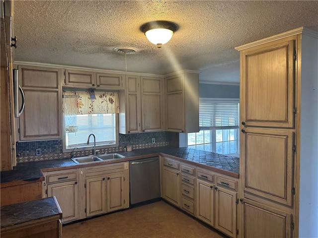 kitchen featuring backsplash, stainless steel dishwasher, ornamental molding, a sink, and a textured ceiling