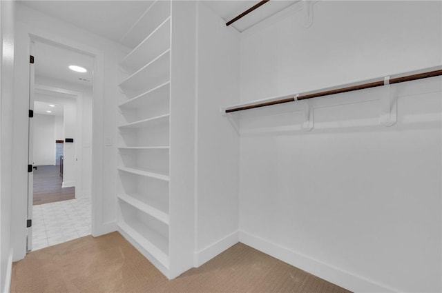 spacious closet featuring light colored carpet