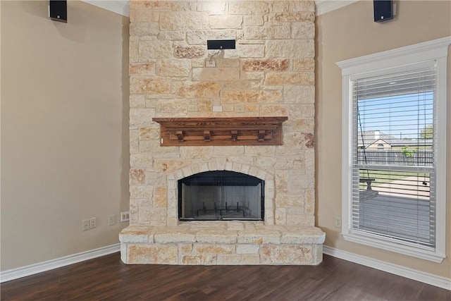 room details featuring hardwood / wood-style floors, crown molding, and a fireplace