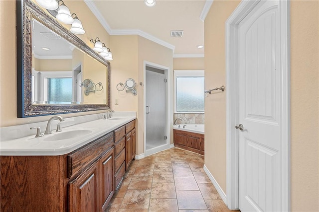 bathroom featuring separate shower and tub, crown molding, and vanity