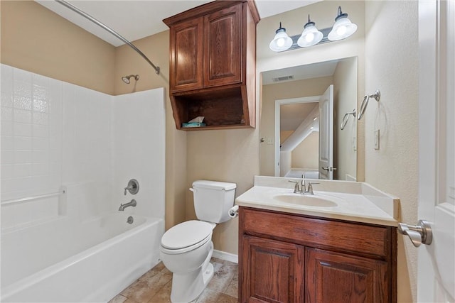 full bathroom with vanity,  shower combination, and toilet