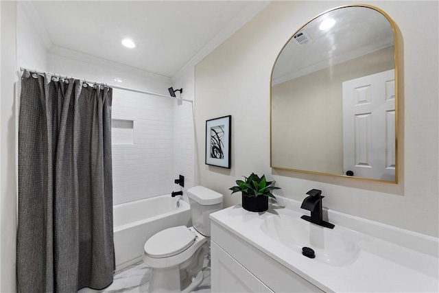 full bathroom with shower / bath combo, vanity, toilet, and ornamental molding