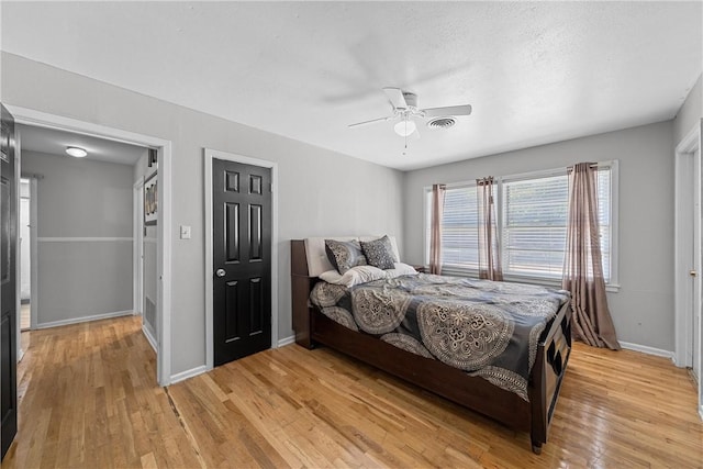 bedroom featuring ceiling fan and light wood-type flooring