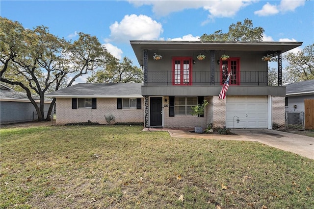 view of front facade with french doors, a balcony, a garage, and a front lawn