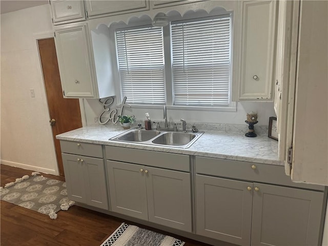 kitchen featuring gray cabinetry, dark hardwood / wood-style flooring, and sink