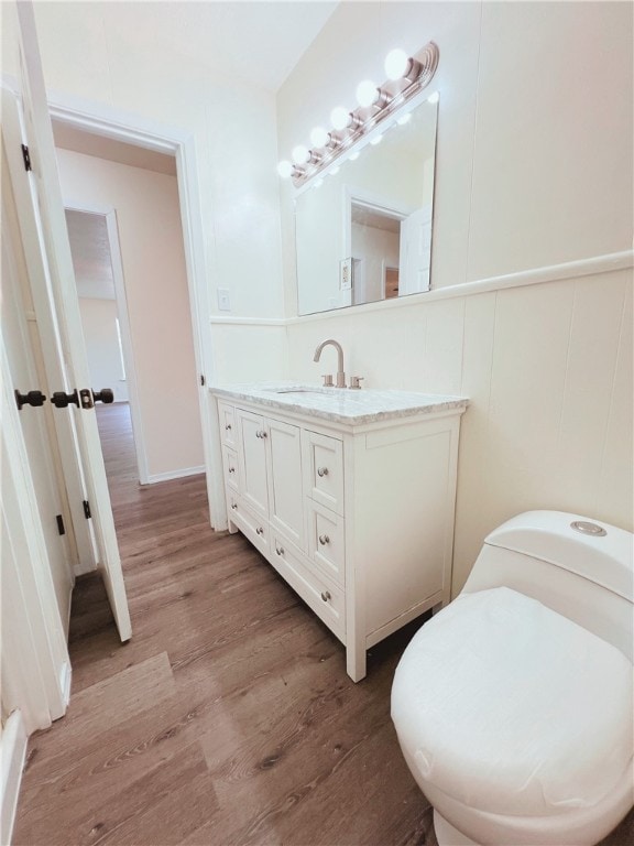 bathroom with wood-type flooring, vanity, and toilet