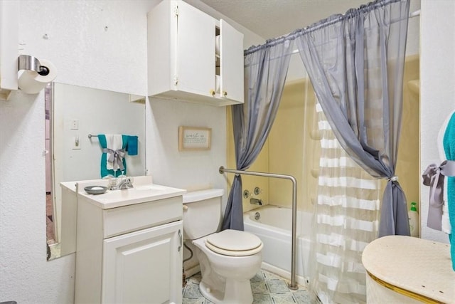 full bathroom featuring vanity, shower / bathtub combination with curtain, and toilet