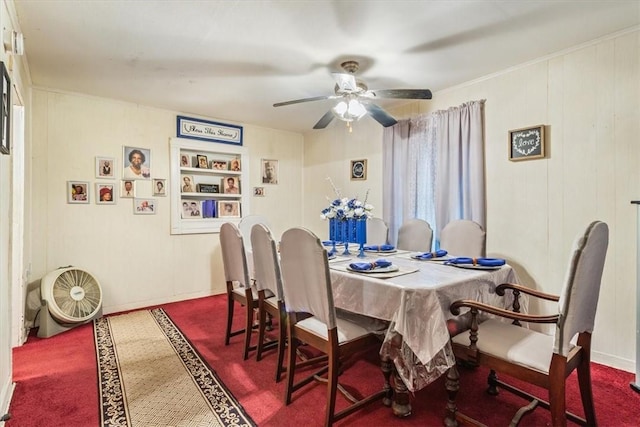 dining area with carpet flooring, ceiling fan, and built in features